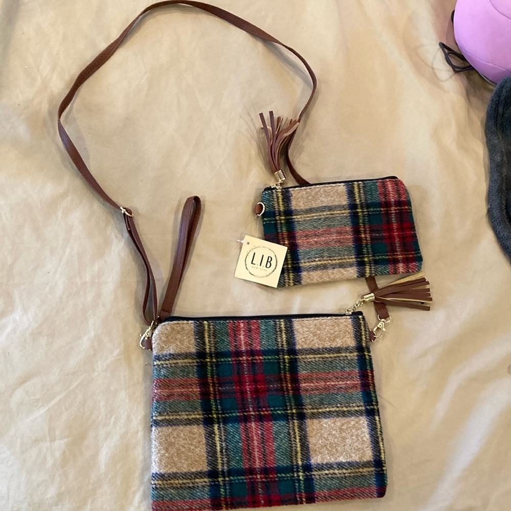 Plaid Crossbody Bag and Pouch Set - Multicolor